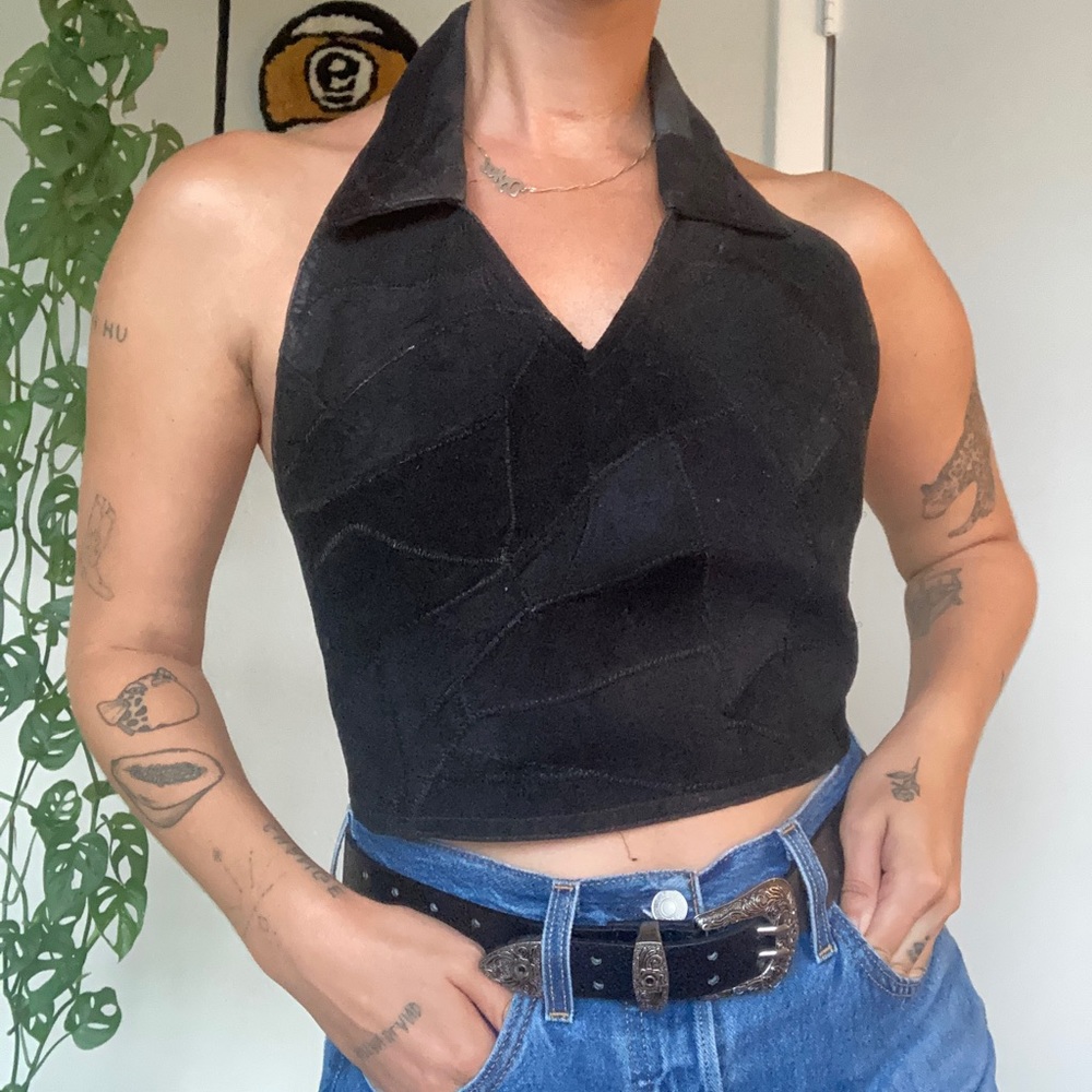 Vintage Genuine Leather Patchwork Backless Halter… - image 2